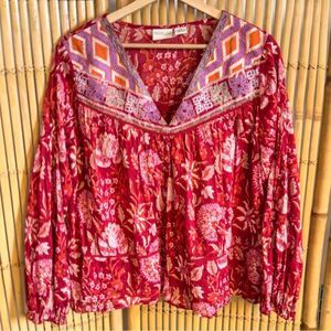 Rachel Zoe Bohemian Red Floral Embroidered Cotton Top Small V Neck Boho